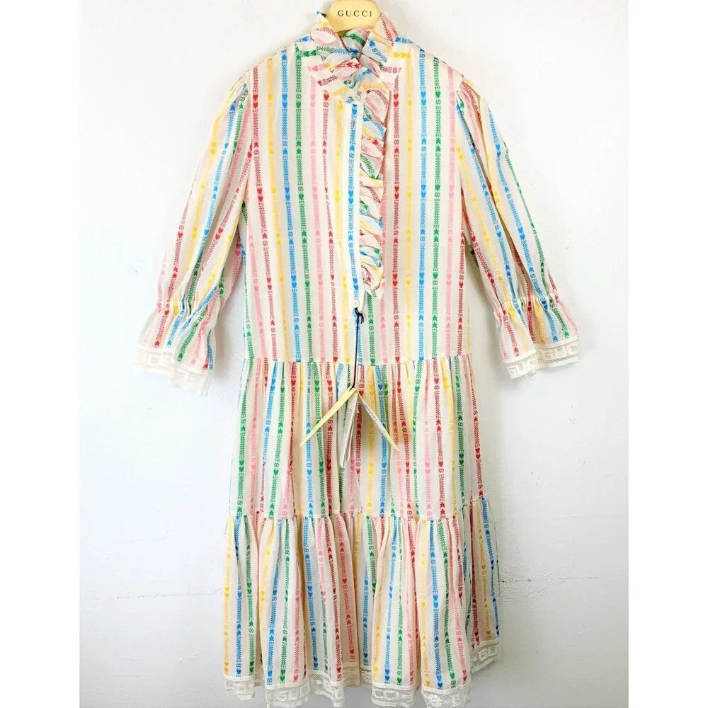 NWT Gucci Kids cotton Multicolor embroidered stripe dress size 12 - Picture 2 of 11